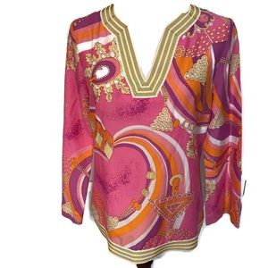 JULES REID TOP TUNIC PINK WHITE GOLD JEWELS PRINT USA SIZE 4